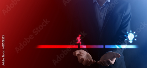 Male business man hand hold a connecting block between two sets of bridge road for a silhouetted man to walk idea icon.