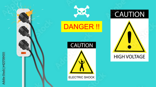 Electric risk burn. electric shock, Overload plug in power outlet in. caution and warning Danger electricity illustration vector EPS 10. 