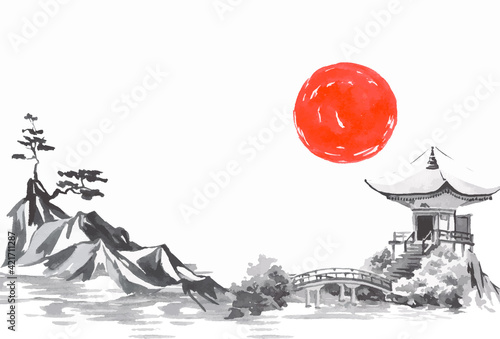 Japan traditional sumi-e painting. Fuji mountain, sakura, sunset. Japan sun. Indian ink vector illustration. Japanese picture.