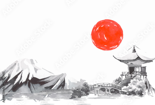 Japan traditional sumi-e painting. Fuji mountain, sakura, sunset. Japan sun. Indian ink vector illustration. Japanese picture.