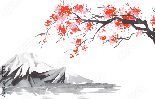 Japan traditional sumi-e painting. Fuji mountain, sakura, sunset. Japan sun. Indian ink vector illustration. Japanese picture.