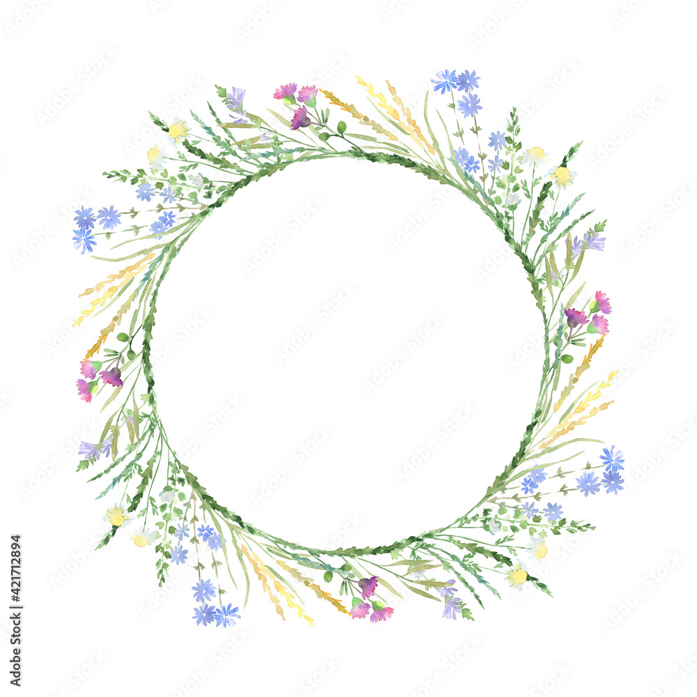 Watercolor frame wreath with wildflowers