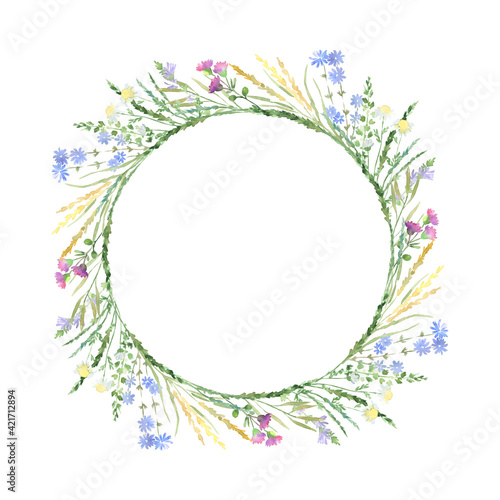 Watercolor frame wreath with wildflowers