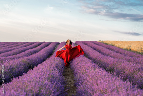 Among the lavender fields. A beautiful girl in a red dress runs against the background of a large lavender field photo