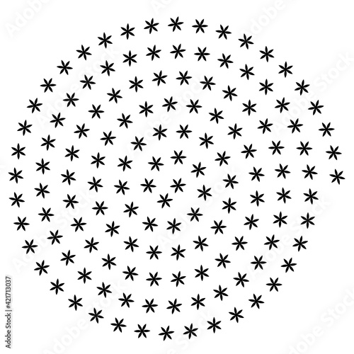 Spiral of polar shape. Design around stars black on white background. Design print for illustration, background, cover.