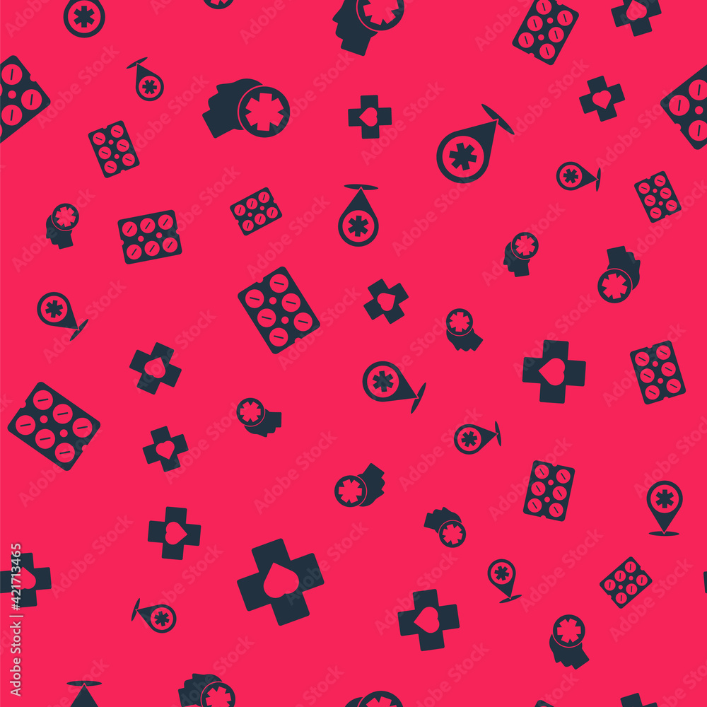Set Heart with a cross, Male head hospital, Pills in blister pack and Map pointer on seamless pattern. Vector Set Heart with a cross, Male head hospital, Pills in blister pack and Map pointer on seamless pattern. Vector