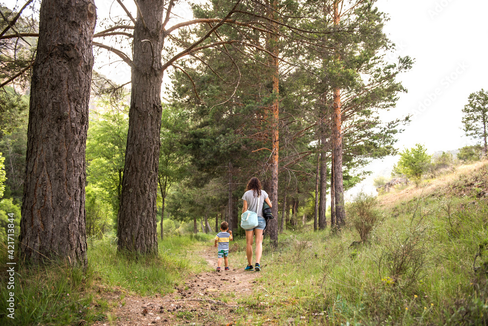a mother walking with her son through the forest a mother walking with her son through the forest