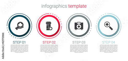 Set Cross hospital medical, Medicine bottle, First aid kit and Magnifying glass for search. Business infographic template. Vector