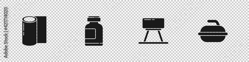 Set Fitness mat roll, Sports nutrition, Pommel horse and Stone for curling sport game icon. Vector