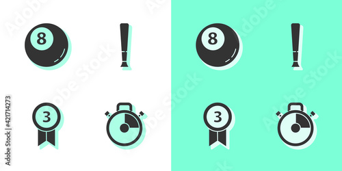 Set Stopwatch, Billiard pool snooker ball, Medal and Baseball bat icon. Vector