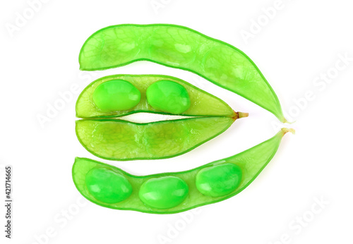 Green soy beans on white background. Top view.