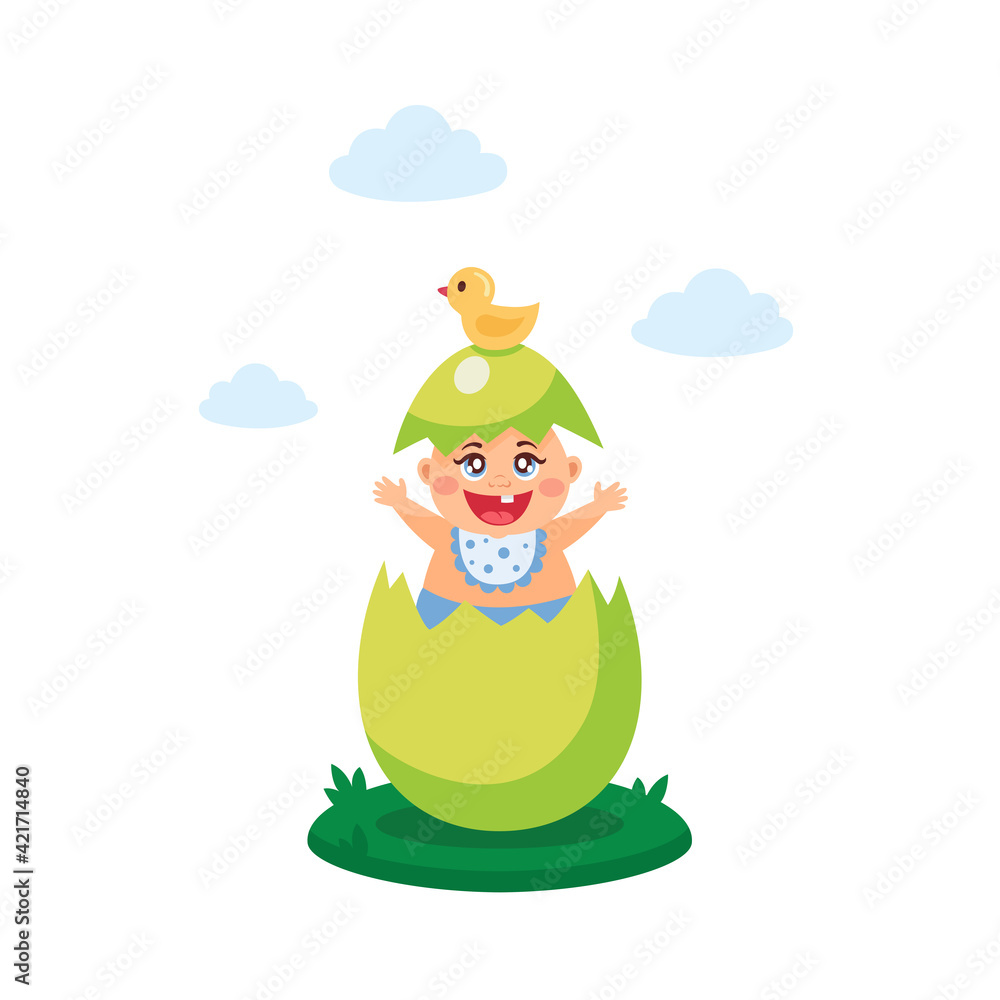 Naklejka premium Happy easter, egg hunt flat kid's vector illustration, composition, banner, card, poster with painted egg and newborn baby. Seasonal greeting. Colorful illustration isolated on white background