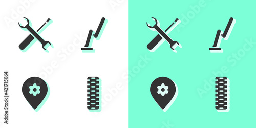 Set Car tire wheel, Screwdriver and wrench spanner, Location with car service and Windscreen wiper icon. Vector