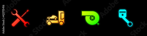 Set Screwdriver and wrench spanner, Car transporter truck, Automotive turbocharger and Engine piston icon. Vector