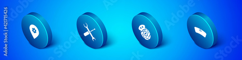 Set Isometric Location with car service, Car brake disk caliper, Windshield and Screwdriver and wrench spanner icon. Vector