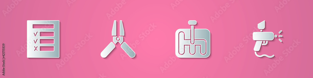 Set paper cut Car inspection, battery jumper power cable, Gear shifter and Paint spray gun icon. Paper art style. Vector Set paper cut Car inspection, battery jumper power cable, Gear shifter and Paint spray gun icon. Paper art style. Vector