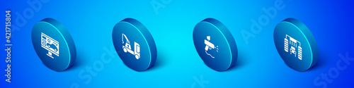 Set Isometric Diagnostics condition of car, Paint spray gun, Car wash and Tow truck icon. Vector