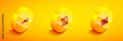 Set Isometric Broken car, Car tire wheel and battery icon. Vector