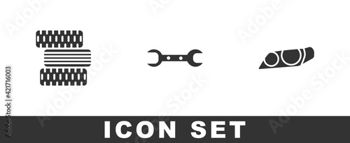 Set Car tire wheel, Wrench spanner and headlight icon. Vector