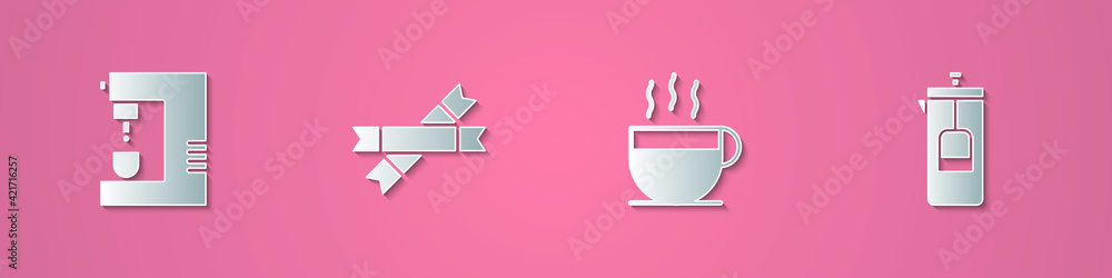 Set paper cut Coffee machine, Sugar stick packets, cup and French press icon. Paper art style. Vector