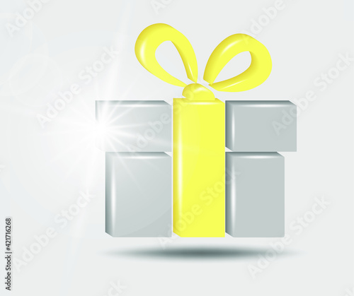 Present gift box icon.   Surprise present design. 3d vector illustration in yellow - gray colors.
