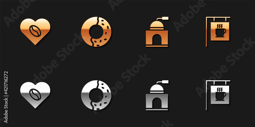 Set Coffee Lovers, Donut with sweet glaze, Manual coffee grinder and Street signboard icon. Vector