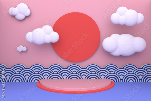 Red sun and cute element such as clouds japan style wave for japanese style stage podium and pedestal kawaii cute cartoon concept.3d render.