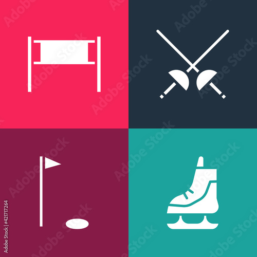 Set pop art Skates, Golf flag, Fencing and Volleyball net icon. Vector