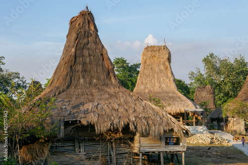 Late afternoon view of beautiful traditional thatched roof houses in Warawaru village, Lamboya, West Sumba, East Nusa Tenggara, Indonesia photo