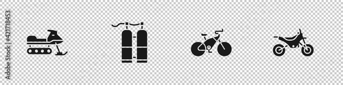 Set Snowmobile, Aqualung, Bicycle and Mountain bike icon. Vector