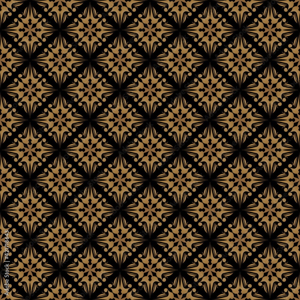 Seamless of traditional batik pattern. Design diagonal tile gold on black background. Design print for illustration, texture, textile, wallpaper, background.
