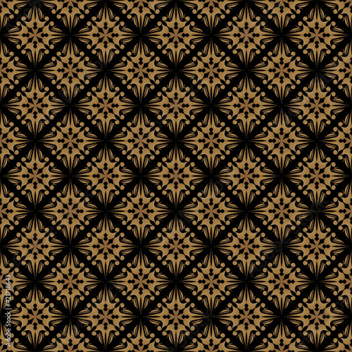 Seamless of traditional batik pattern. Design diagonal tile gold on black background. Design print for illustration, texture, textile, wallpaper, background.