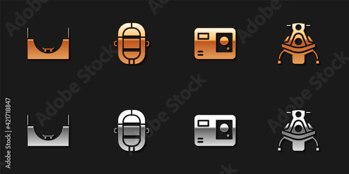 Set Skate park, Rafting boat, Action extreme camera and Snowmobile icon. Vector