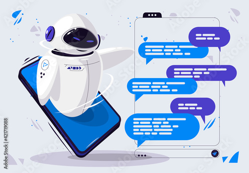 Vector illustration of a futuristic robot assistant of a mobile smartphone, shows chat with messages, show clouds for text