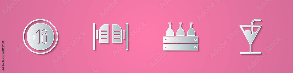 Set paper cut Alcohol 18 plus, Saloon door, Bottles of wine in wooden box and Cocktail icon. Paper art style. Vector Set paper cut Alcohol 18 plus, Saloon door, Bottles of wine in wooden box and Cocktail icon. Paper art style. Vector