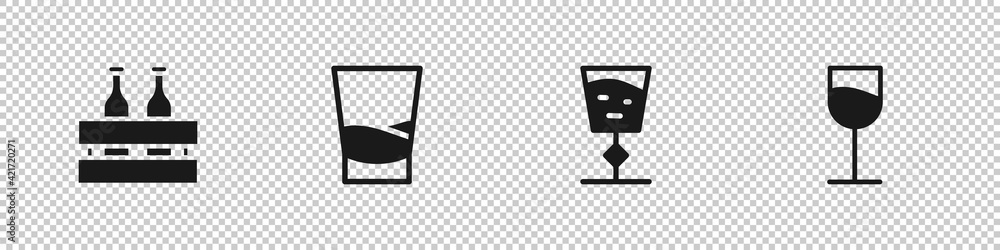 Set Pack of beer bottles, Glass vodka, Wine glass and icon. Vector Set Pack of beer bottles, Glass vodka, Wine glass and icon. Vector