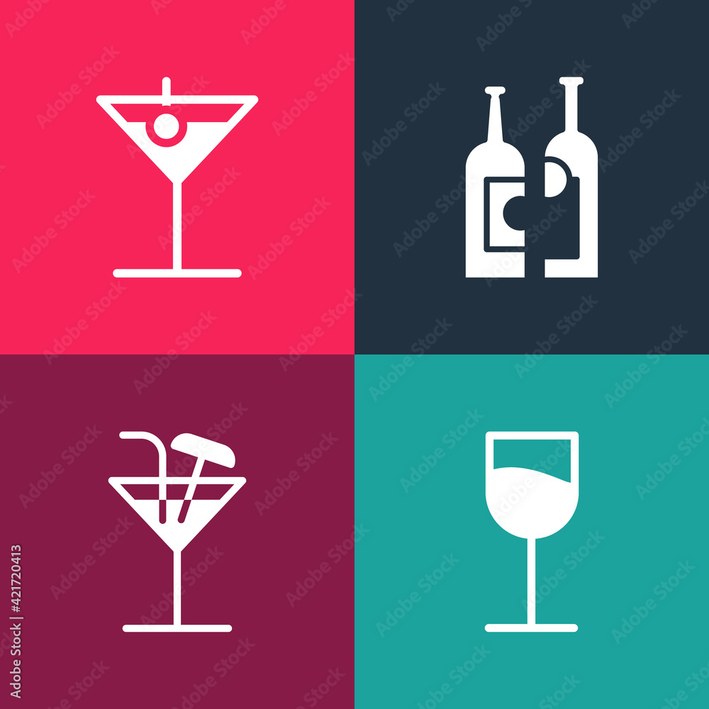 Set pop art Wine glass, Cocktail, Bottles of wine and Martini icon. Vector Set pop art Wine glass, Cocktail, Bottles of wine and Martini icon. Vector