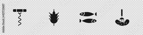 Set Wine corkscrew, Hop, Dried fish and Pickled cucumber on a fork icon. Vector
