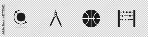 Set Earth globe, Drawing compass, Basketball ball and Abacus icon. Vector