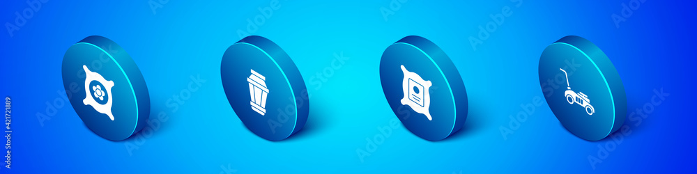 Set Isometric Pack full of seeds of plant, , Lawn mower and Garden light lamp icon. Vector Set Isometric Pack full of seeds of plant, , Lawn mower and Garden light lamp icon. Vector
