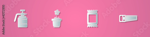 Set paper cut Garden sprayer for fertilizer, Flower in pot, Fertilizer bag and Hand saw icon. Paper art style. Vector
