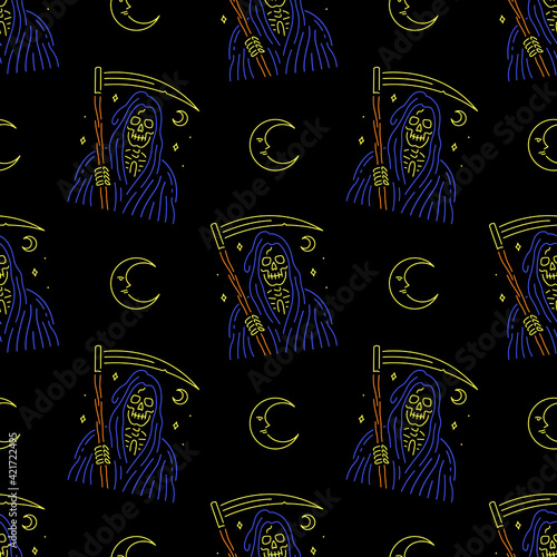GRIM REAPER AND CRESCENT MOON NEON BADGE COLOR SEAMLESS PATTERN BLACK BACKGROUND