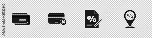 Set Credit card, remove, Finance document and Location with percent discount icon. Vector