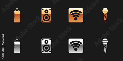Set Punching bag, Stereo speaker, Wi-Fi wireless internet network and Microphone icon. Vector