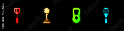 Set Spatula, Joystick for arcade machine, Kettlebell and Kitchen whisk icon. Vector