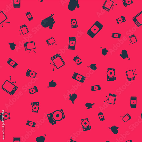 Set Photo camera, Oven glove, Retro tv and Online play video on seamless pattern. Vector