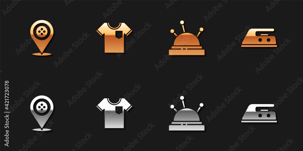 Set Location tailor shop, T-shirt, Needle bed and needles and Electric iron icon. Vector Set Location tailor shop, T-shirt, Needle bed and needles and Electric iron icon. Vector