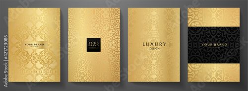 Luxury gold curve pattern cover design set. Elegant floral ornament on golden background. Premium vector collection for rich brochure, luxe invite, royal wedding template