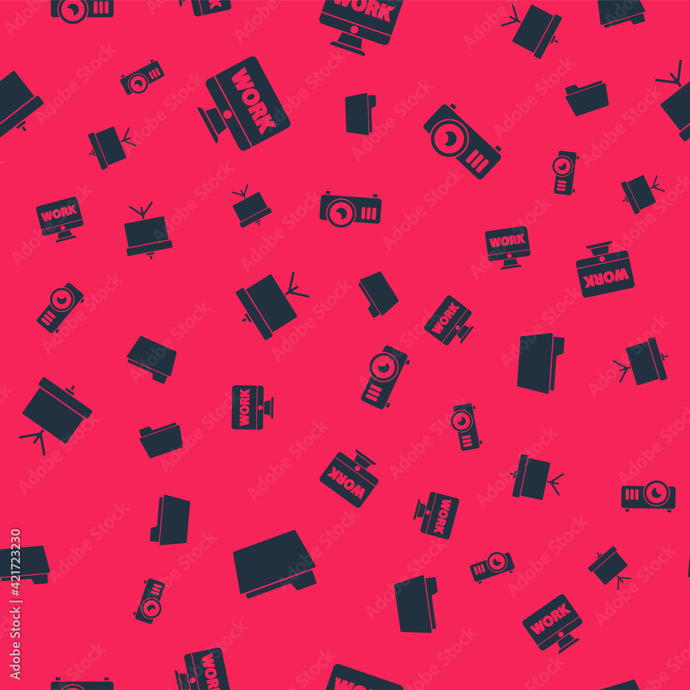 Set Document folder, Monitor with text work, Chalkboard diagram and Movie, film, media projector on seamless pattern. Vector Set Document folder, Monitor with text work, Chalkboard diagram and Movie, film, media projector on seamless pattern. Vector