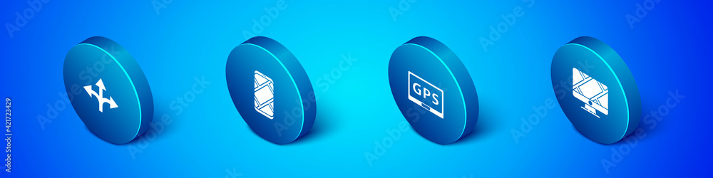Set Isometric Road traffic sign, Gps device with map, Monitor location marker and City navigation icon. Vector Set Isometric Road traffic sign, Gps device with map, Monitor location marker and City navigation icon. Vector